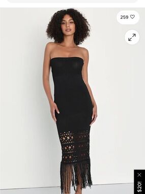 Lulu's Black Strapless Crochet Midi Dress with Fringe
